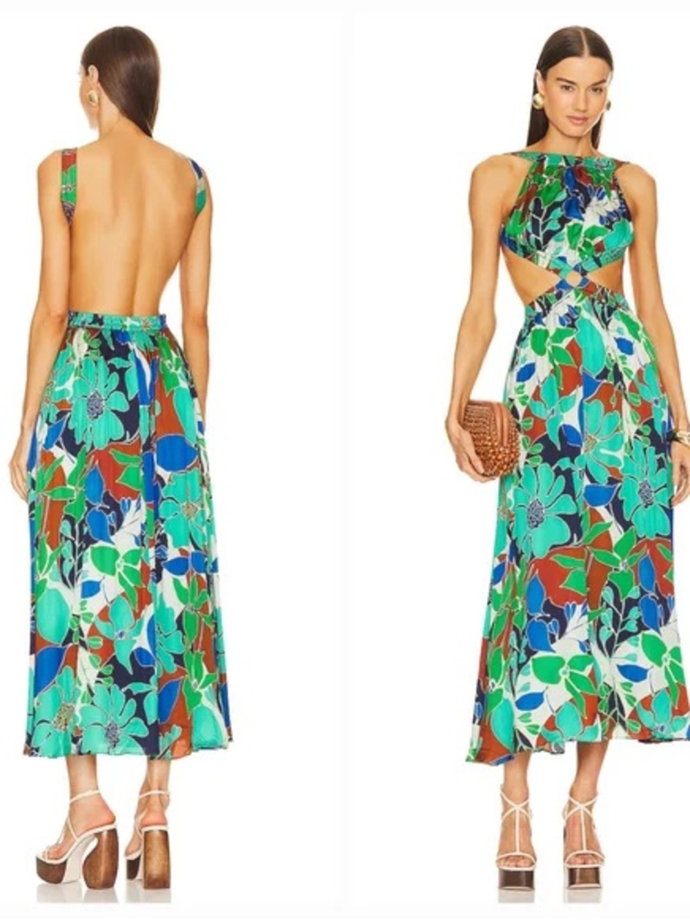 cult gaia Green Multi Floral Backless Cutout Maxi Dress